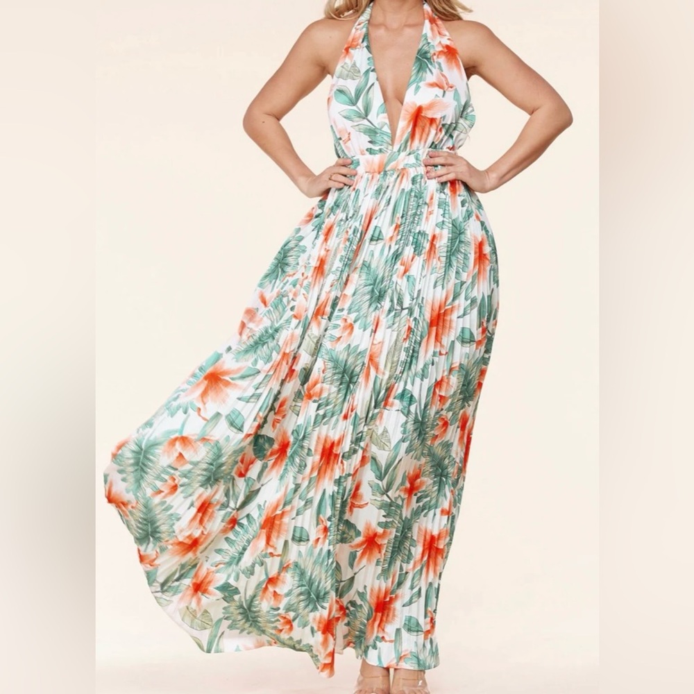 Mayet Marie Exquisite Tropical Print Halter Maxie Dress Size Large
